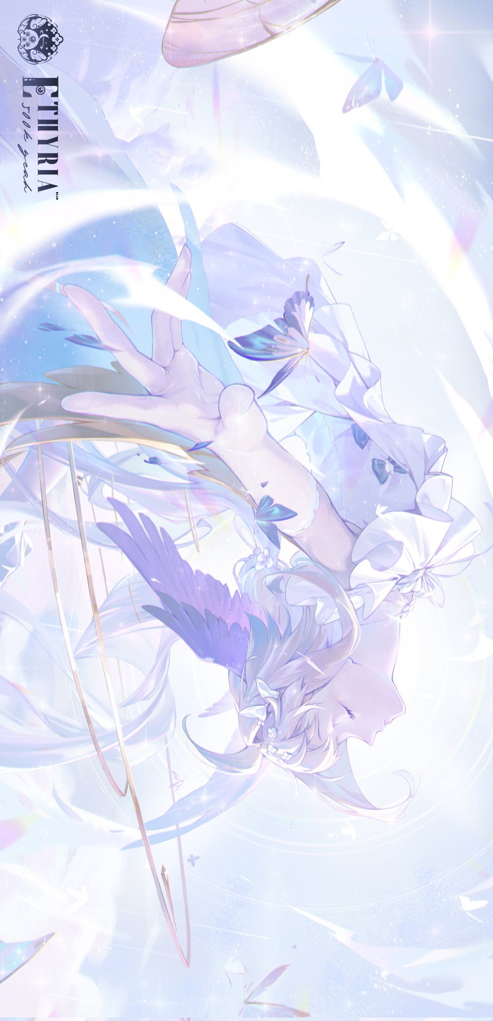 1girl, absurdly_long_hair, ahoge, bird_girl, blonde_hair, blue_hair, bug, butterfly, closed_mouth, dress, enna_alouette, ethyria, gradient_hair, head_wings, highres, long_hair, low_twintails, multicolored_hair, nekoya_sl, nijisanji, nijisanji_en, purple_wings, solo, twintails, upside-down, very_long_hair, virtual_youtuber, white_background, white_dress, white_wings, wings
