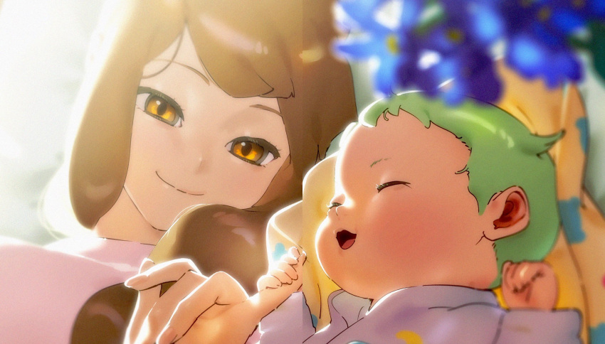 baby, brown_eyes, brown_hair, fei_rune, green_hair, highres, holding_finger, inazuma_eleven_(series), inazuma_eleven_go_chrono_stone, long_hair, mother_and_son, motherly, nanobana_kinako, omisotayan, pale_skin, short_hair