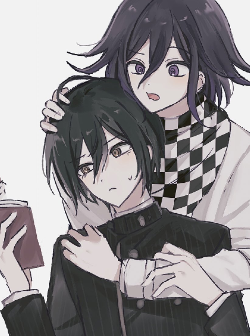 2boys, black_hair, black_jacket, book, brown_eyes, buttons, checkered_clothes, checkered_scarf, danganronpa_(series), danganronpa_v3:_killing_harmony, double-breasted, grey_jacket, hair_between_eyes, holding, holding_book, jacket, male_focus, medium_hair, multicolored_hair, multiple_boys, open_mouth, ouma_kokichi, reading, saihara_shuuichi, scarf, seuli_(sa404_3), short_hair, simple_background, striped, striped_jacket, sweatdrop, two-tone_hair, violet_eyes, white_background