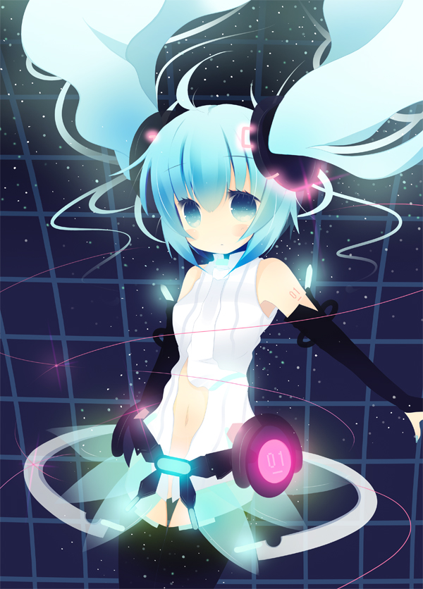 aqua_eyes, aqua_hair, belt, elbow_gloves, gloves, hatsune_miku, hatsune_miku_(append), kurata_yumi, long_hair, miku_append, navel, necktie, solo, thigh-highs, thighhighs, twintails, very_long_hair, vocaloid, vocaloid_append, zettai_ryouiki