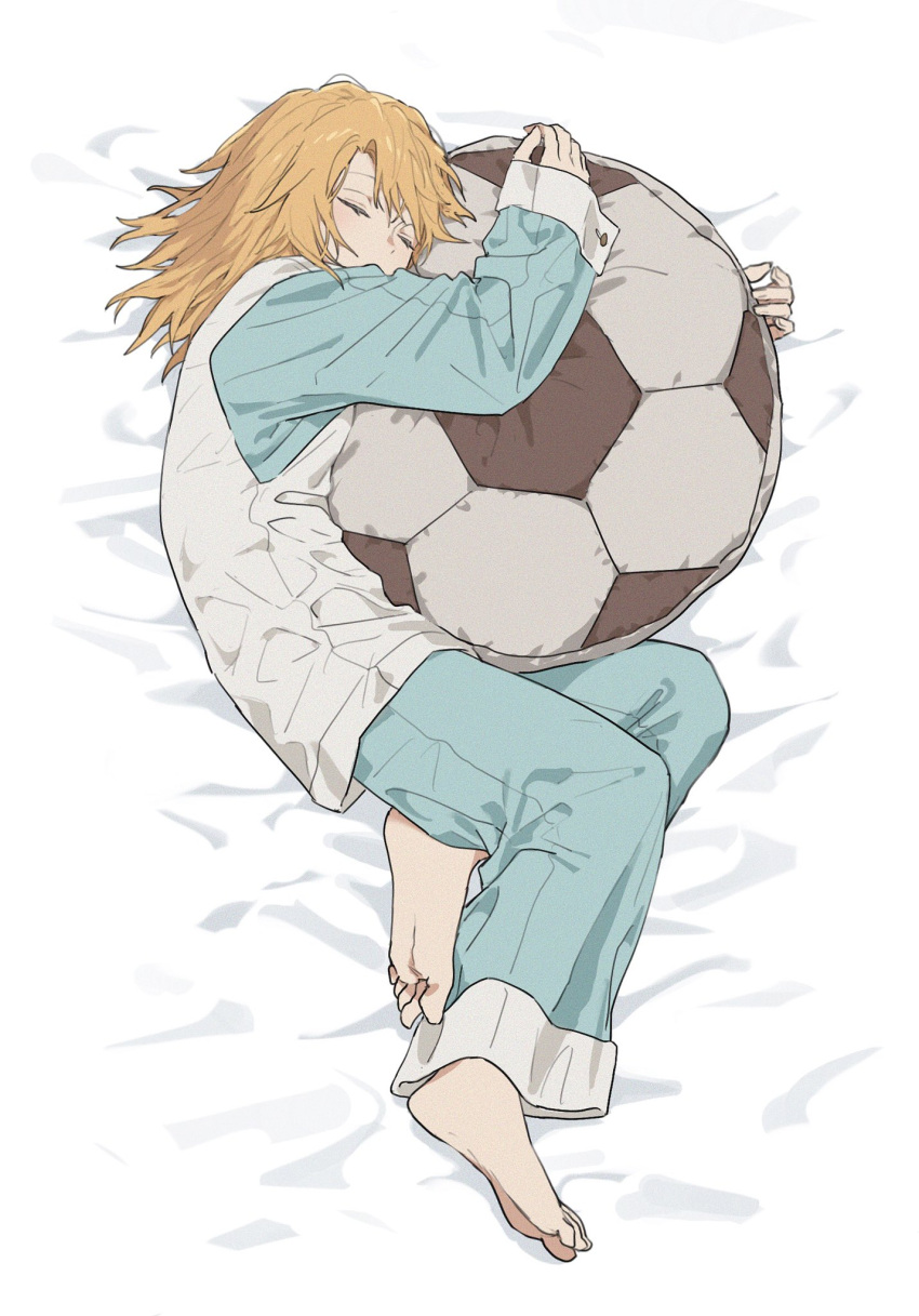 1girl, ball, barefoot, bed_sheet, closed_eyes, cushion, highres, idolmaster, idolmaster_cinderella_girls, light_oooo, lying, medium_hair, object_hug, on_side, orange_hair, pajamas, sleeping, soccer_ball, solo, yuuki_haru
