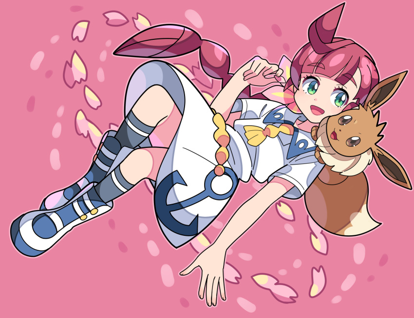 1girl, :d, ahoge, boots, braid, braided_ponytail, chloe_(pokemon), collared_dress, commentary_request, dress, eevee, green_eyes, grey_socks, hand_up, highres, kneehighs, long_hair, neck_tassel, open_mouth, pink_background, pokemon, pokemon_(anime), pokemon_journeys, school_uniform, smile, socks, sutokame, tongue, white_dress, white_footwear
