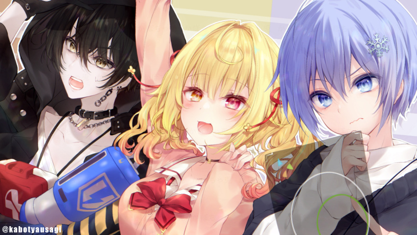 3girls, :d, apex_legends, arm_up, aruse_inu, black_hair, black_sweater, blonde_hair, blue_eyes, blue_hair, bow, breasts, brown_cardigan, brown_eyes, cardigan, character_request, closed_mouth, collarbone, commentary_request, crossover, hair_between_eyes, hair_ornament, hand_up, heterochromia, hoshikawa_sara, kabocha_usagi, long_sleeves, medium_breasts, multiple_girls, nijisanji, pinching_sleeves, red_bow, red_eyes, school_uniform, shirayuki_reid, shirt, sleeves_past_wrists, smile, snowflake_hair_ornament, sweater, twitter_username, vgaming, virtual_youtuber, wavy_mouth, white_shirt, wide_sleeves