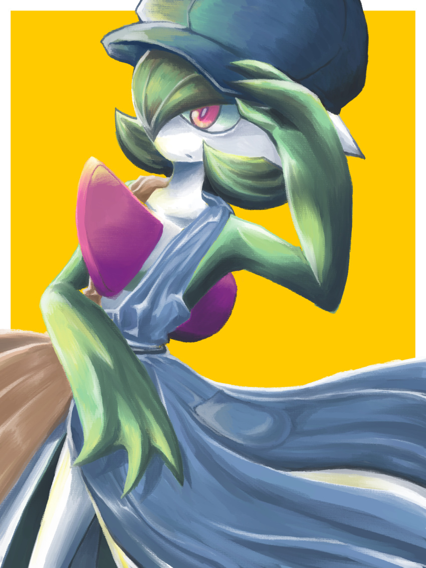 1girl, adjusting_clothes, adjusting_headwear, arm_up, blue_dress, blue_headwear, bob_cut, border