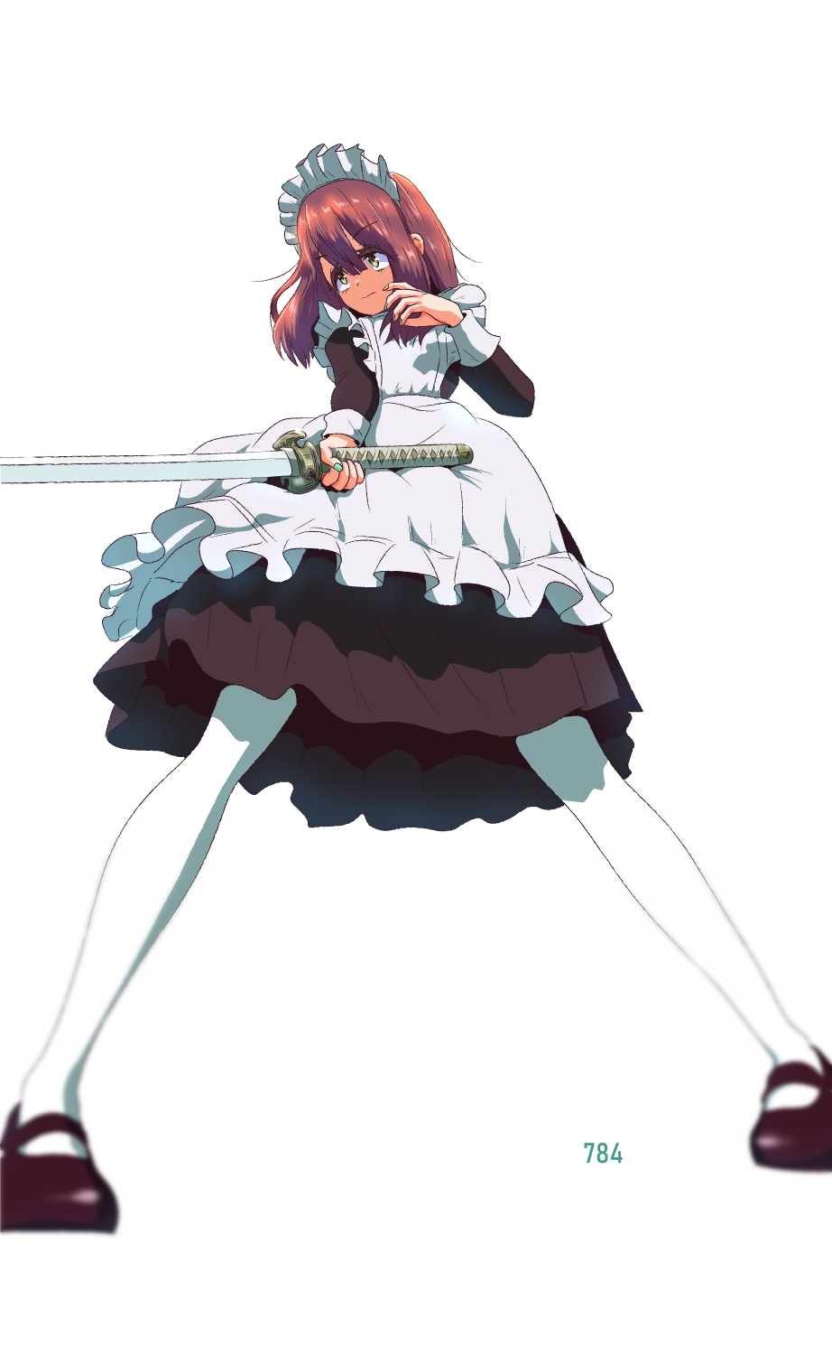 1girl, alternate_costume, apron, brown_hair, enmaided, highres, holding, holding_sword