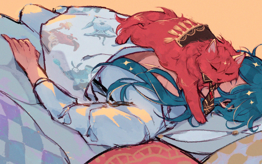 2boys, blue_hair, blue_pajamas, brown_cape, brown_necktie, cape, closed_eyes, dark-skinned_male