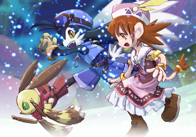 1girl, 2boys, animal_ears, blue_headwear, blue_shorts, brown_hair, dress, furry