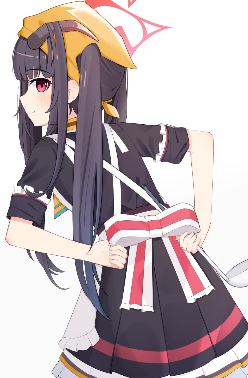 1girl, absurdres, adjusting_apron, apron, black_hair, blue_archive, blunt_bangs, commentary_request