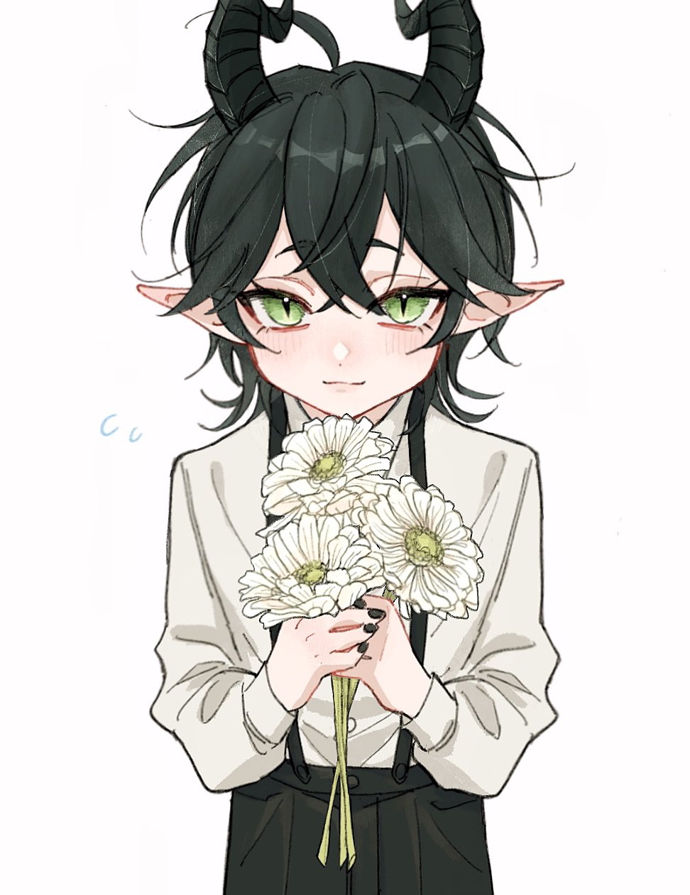 1boy, aged_down, black_hair, black_nails, black_pants, dragon_boy, dragon_horns, flower