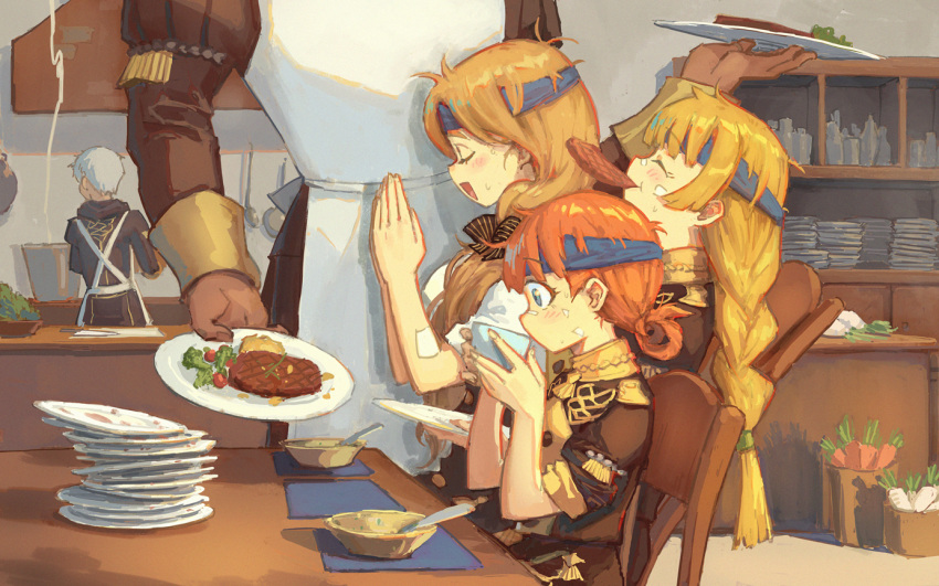 2boys, :d, annette_fantine_dominic, apron, ashe_ubert, black_jacket, blonde_hair, blunt_bangs