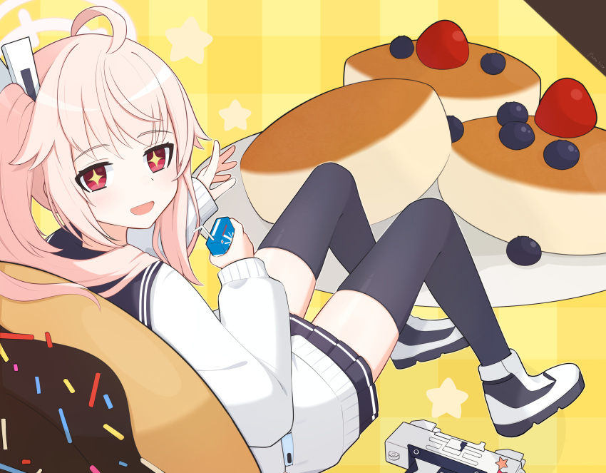 +_+, 1girl, :d, ahoge, black_skirt, black_thighhighs, blue_archive, blueberry