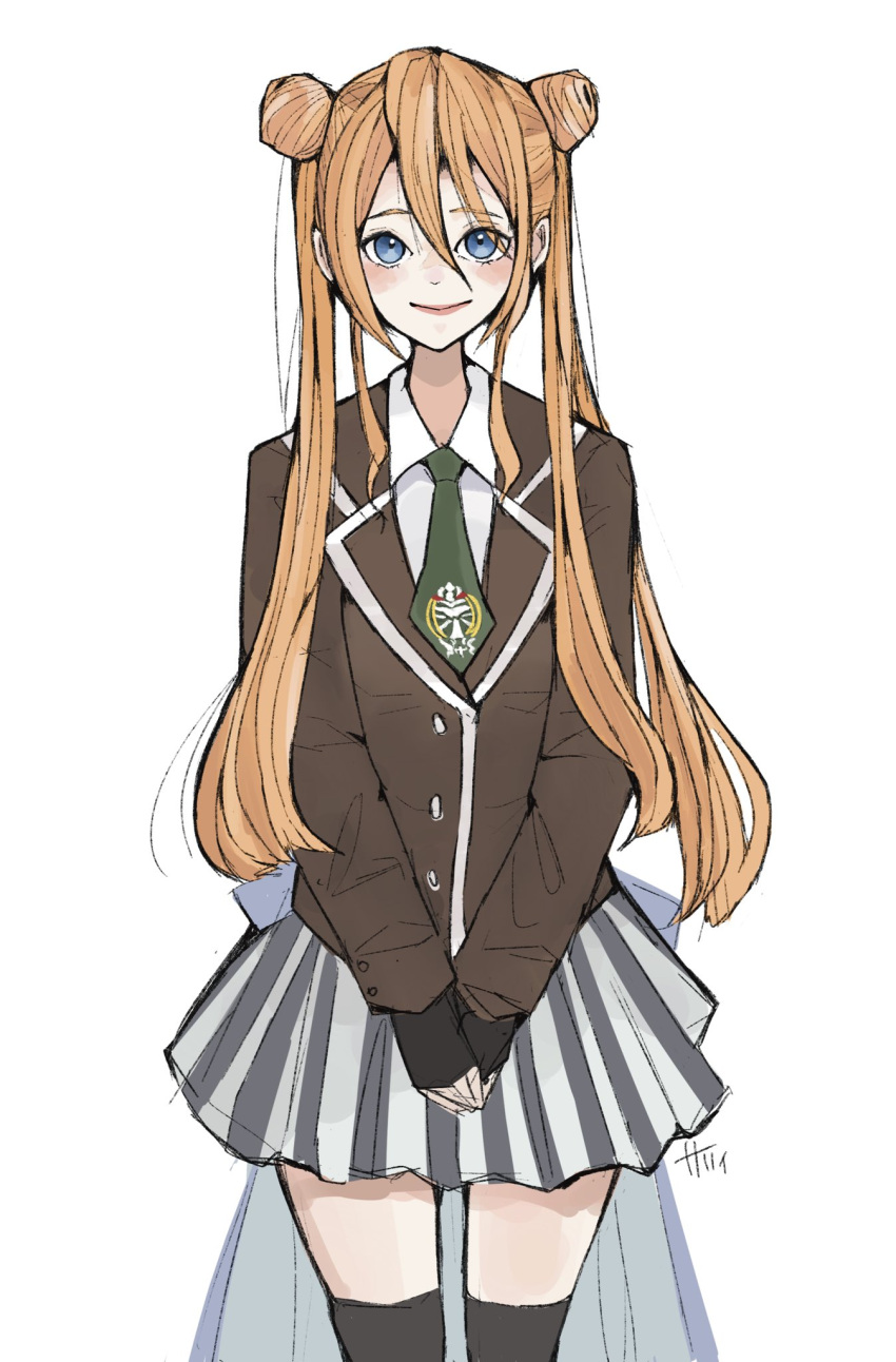 1girl, artist_name, assault_lily, black_gloves, black_thighhighs, blue_eyes, blush, brown_jacket