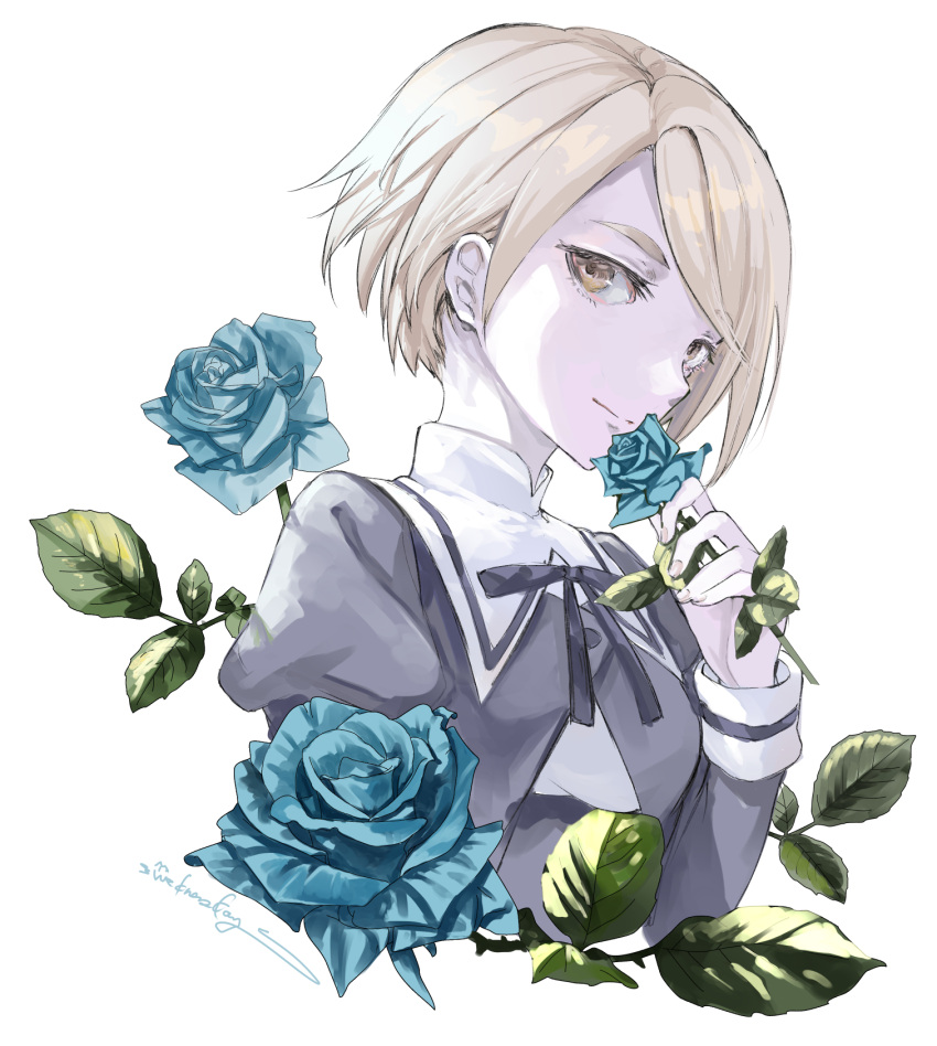 1girl, artist_name, assault_lily, black_ribbon, blue_flower, blue_rose, closed_mouth, commentary_request, cropped_torso, fingernails, floral_background, flower, flower_to_mouth, grey_hair, hand_up, highres, holding, holding_flower, juliet_sleeves, kawazoe_misuzu, light_smile, long_sleeves, looking_at_viewer, looking_to_the_side, neck_ribbon, puffy_sleeves, ribbon, rose, school_uniform, shirt, short_hair, sideways_glance, signature, solo, swept_bangs, upper_body, wednesday_(starsilver), white_background, white_shirt, yellow_eyes, yurigaoka_girls_academy_school_uniform