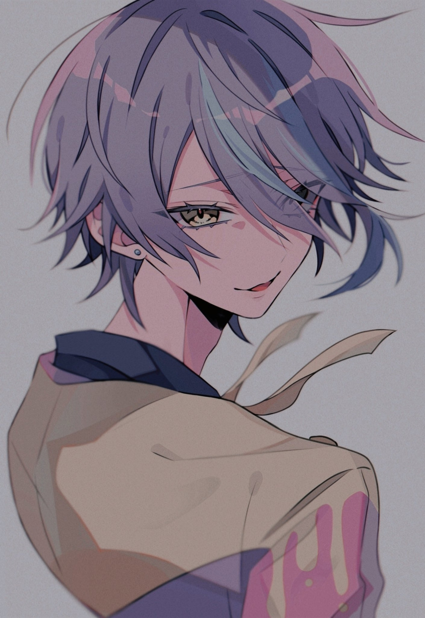1boy, black_shirt, blue_hair, collared_shirt, earrings, grey_background, highres, jacket