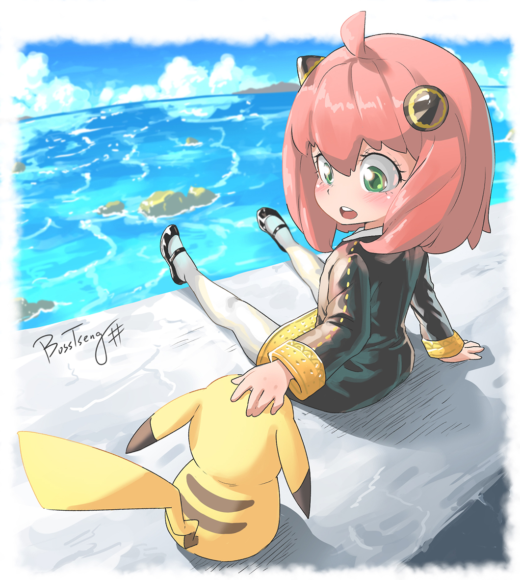 1girl, anya_(spy_x_family), artist_name, black_coat, blue_sky, blush, bosstseng, child