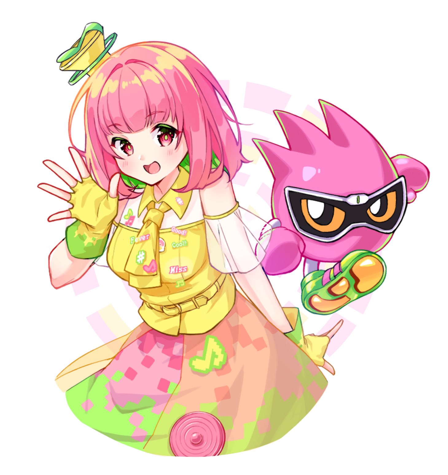 1girl, bare_shoulders, belt, blue_eyes, chibi, commentary, fingerless_gloves, gloves, hair_ornament, hat, highres, kamen_rider, kamen_rider_ex-aid, kamen_rider_ex-aid_(series), looking_at_viewer, mighty_action_x_level_1, musical_note, necktie, open_mouth, pink_hair, poppi_pipopapo, red_eyes, short_hair, smile, solo, thousand_(sentyuu89), white_background
