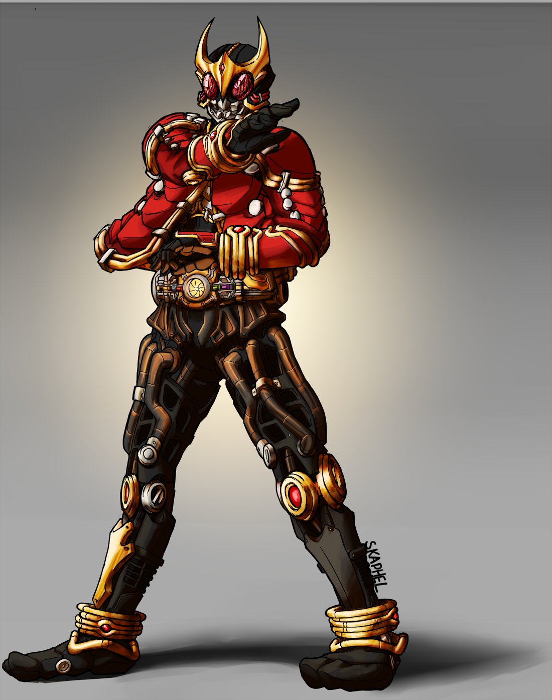 1boy, arcle_(kuuga), artist_name, belt, black_gloves, black_pants, compound_eyes, gloves