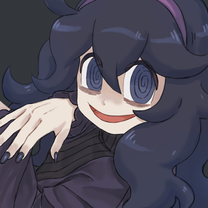 1girl, :d, @_@, absurdres, black_hair, black_nails, commentary_request, curly_hair