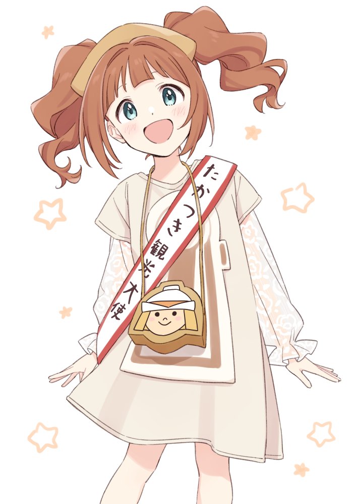 blush, brown_hair, brown_headwear, brown_shirt, demirinz, dot_nose, green_eyes, idolmaster