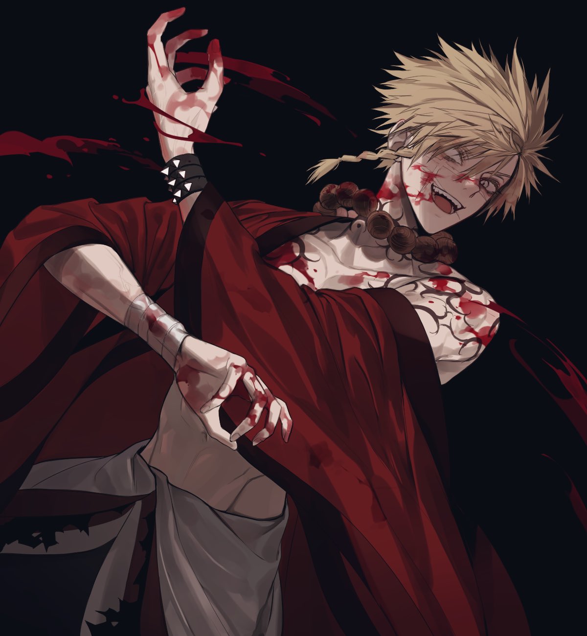 1boy, aza_choubei, bandaged_arm, bandages, bead_necklace, beads, blank_eyes, blonde_hair, blood, blood_on_arm, blood_on_face, blood_on_hands, body_markings, bracelet, braid, cross_scar, highres, jewelry, jigokuraku, looking_at_viewer, mono1010101, necklace, off_shoulder, open_clothes, open_mouth, red_robe, robe, scar, scar_across_eye, sharp_teeth, short_hair, side_braid, smile, solo, spiked_bracelet, spikes, teeth