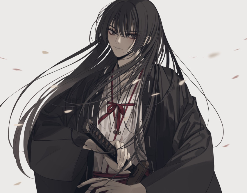1boy, aza_touma, black_hair, falling_petals, grey_background, haori, highres, holding