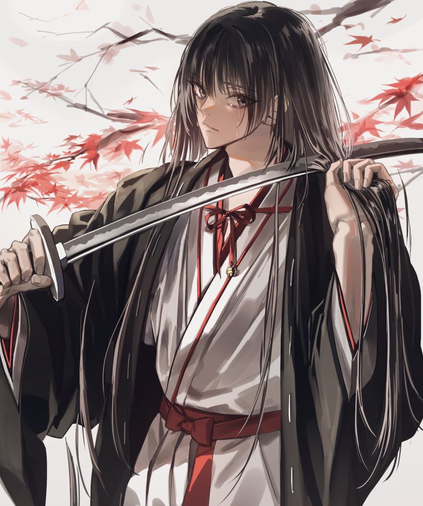 1boy, autumn_leaves, aza_touma, black_hair, crying, crying_with_eyes_open, cutting_own_hair, hand_in_own_hair