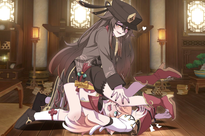 2girls, antlers, black_nails, black_shorts, brown_hair, chinese_clothes, czasjb, flower-shaped_pupils