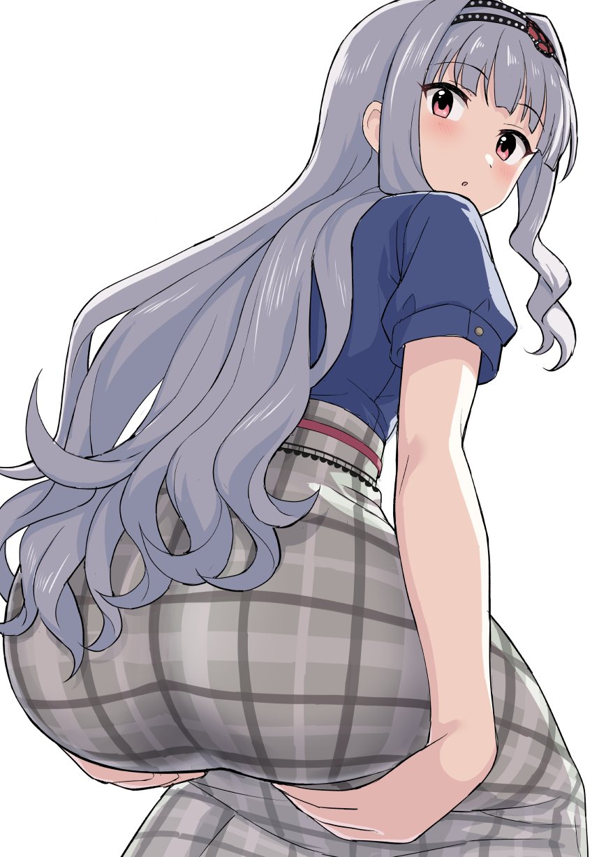 1girl, ass, blue_shirt, blush, from_behind, grey_hair, grey_skirt, hairband, hands_on_own_hips, highres, idolmaster, idolmaster_(classic), idolmaster_million_live!, idolmaster_million_live!_theater_days, long_hair, looking_at_viewer, looking_back, open_mouth, parted_lips, perapera, plaid, plaid_skirt, red_eyes, shijou_takane, shirt, short_sleeves, simple_background, skirt, solo, squatting, white_background