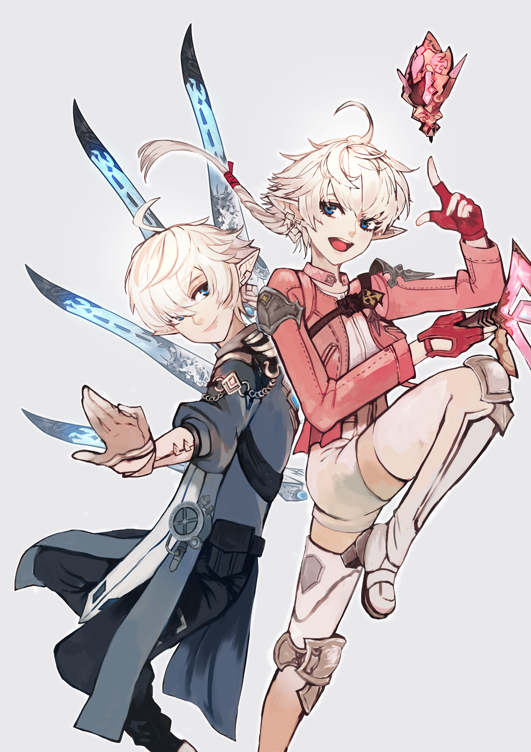 1boy, 1girl, ahoge, alisaie_leveilleur, alphinaud_leveilleur, blue_coat, blue_eyes, blue_pants