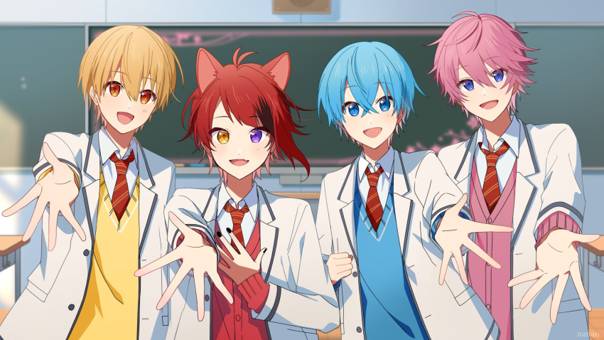 4boys, :d, ahoge, animal_ears, black_nails, blazer, blonde_hair, blue_cardigan