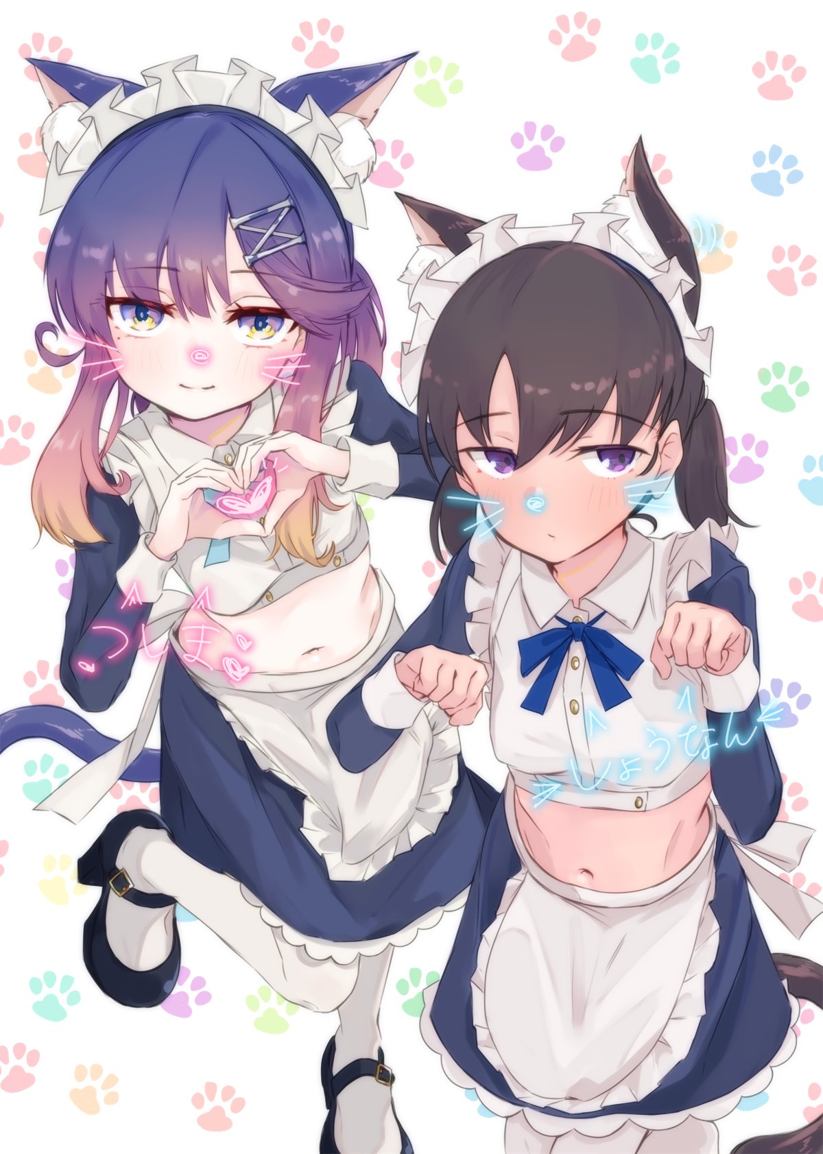 2girls, alakoala, alternate_costume, animal_ears, apron, black_hair, blue_shirt, cat_ears