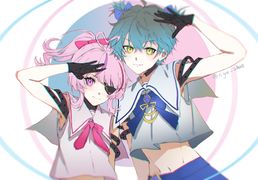 1boy, 1girl, arms_up, black_gloves, blue_hair, blue_skirt, blurry, bow, crop_top, crossdressing, cyu_zhuo, depth_of_field, eyepatch, gloves, green_eyes, hair_bow, highres, ike_eveland, looking_at_viewer, maria_marionette, midriff, multicolored_background, multicolored_hair, navel, nijisanji, nijisanji_en, pink_bow, pink_hair, ponytail, purple_hair, sailor_collar, school_uniform, serafuku, shirt, short_hair, short_twintails, skirt, sleeveless, smile, twintails, twitter_username, upper_body, violet_eyes, virtual_youtuber, white_shirt