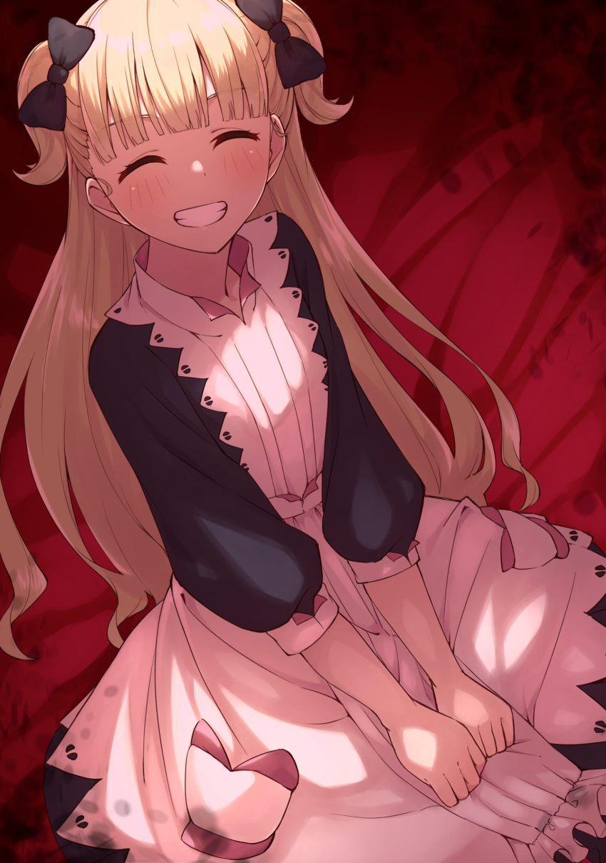 1girl, ^_^, absurdres, apron, bed_sheet, black_bow, black_dress, blonde_hair, blunt_bangs, blush, bow, center_frills, clenched_hands, closed_eyes, commentary, dress, emilico_(shadows_house), facing_viewer, frills, grin, hair_bun, half_updo, highres, juliet_sleeves, long_hair, long_sleeves, looking_at_viewer, own_hands_together, puffy_sleeves, red_sheet, shadows_house, sitting, smile, solo, tamago_sando, twintails, two_side_up, very_long_hair, white_apron