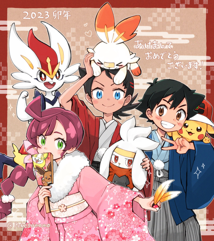 1girl, 2boys, ahoge, alternate_costume, ash_ketchum, black_hair, blue_eyes, blue_jacket, blush, brown_eyes, character_print, chloe_(pokemon), cinderace, closed_mouth, clothed_pokemon, commentary_request, eevee, eyelashes, flower, goh_(pokemon), green_eyes, grin, hair_flower, hair_ornament, hakama, hand_up, heart, highres, holding, jacket, japanese_clothes, kimono, multiple_boys, on_head, open_clothes, open_jacket, pikachu, pink_flower, pink_kimono, pokemon, pokemon_(anime), pokemon_(creature), pokemon_journeys, pokemon_on_head, pokesumomo, ponytail, raboot, red_jacket, sash, scorbunny, short_hair, smile, teeth, translation_request, v, wide_sleeves, yamper