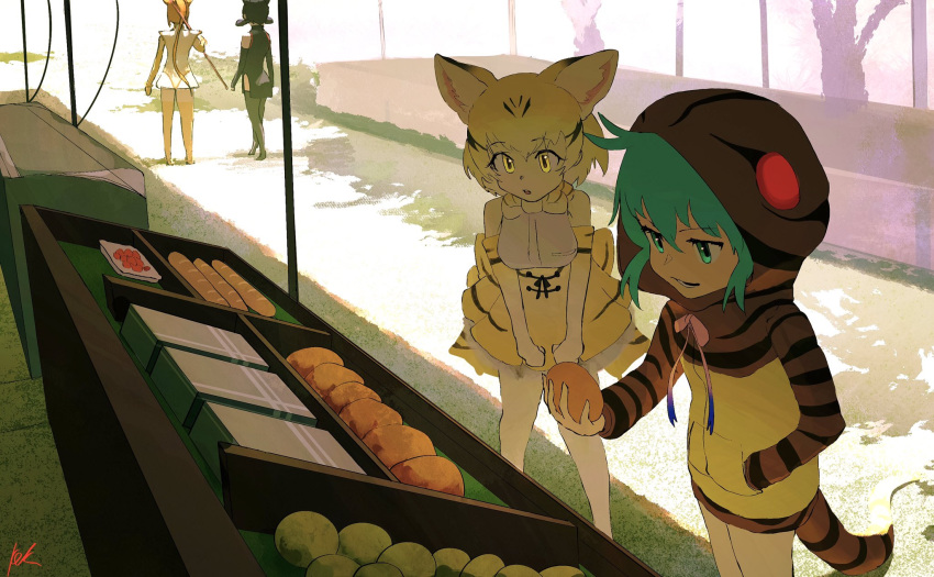 4girls, animal_ears, animal_hood, animal_print, aye-aye_(kemono_friends), back_bow, black_dress, black_hair
