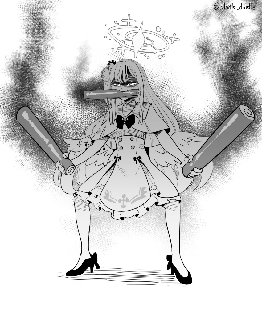 1girl, absurdres, aura, blue_archive, blunt_bangs, cake, capelet, commentary_request