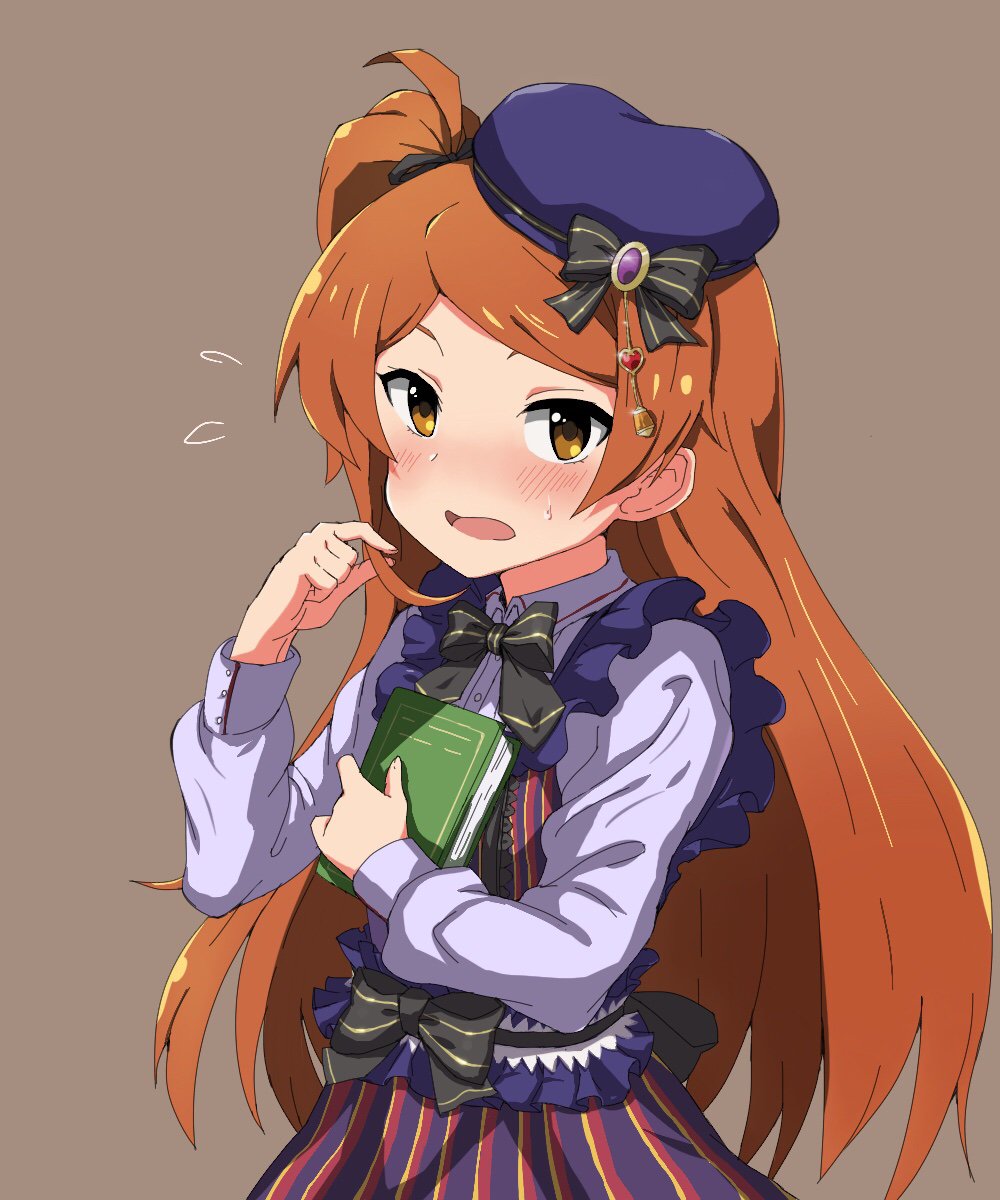 1girl, black_ribbon, blue_dress, blush, book, brown_background, brown_eyes, brown_hair