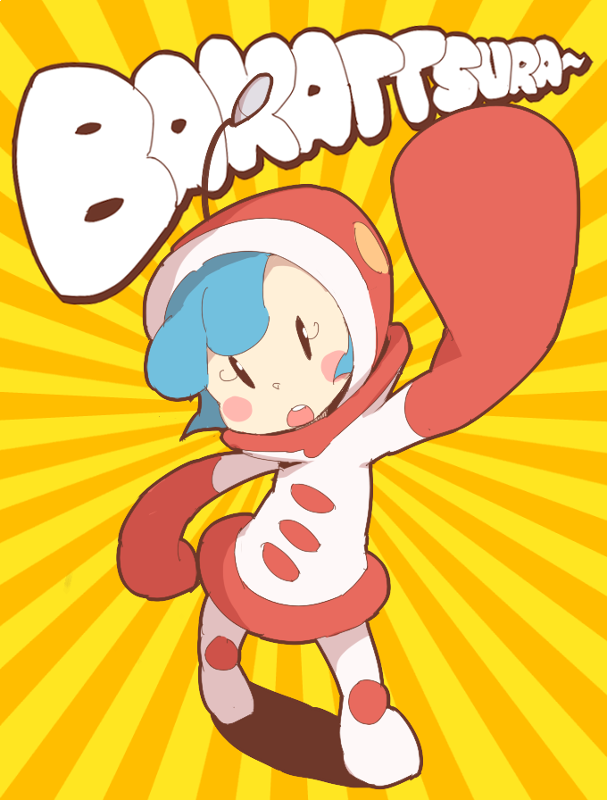 1girl, blue_hair, blush_stickers, dokan_(dkn), full_body, hood, long_sleeves, looking_at_viewer