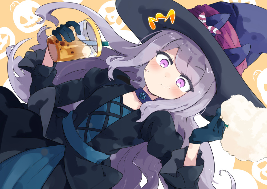 1girl, ^^^, black_dress, black_gloves, blush, bubble_tea, choker, commentary_request