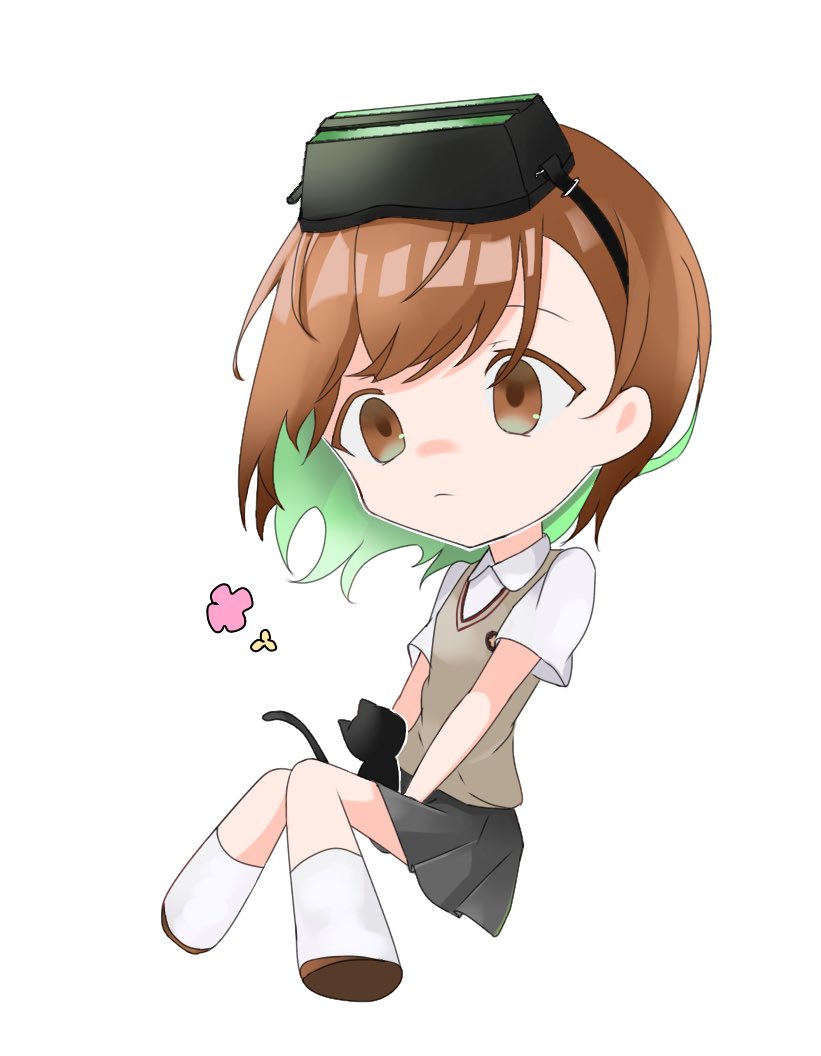 1girl, black_cat, black_skirt, blank_eyes, brown_footwear, brown_sweater_vest, cat, chibi, collared_shirt, colored_inner_hair, dog_(toaru), expressionless, goggles, goggles_on_head, guuqualia, looking_to_the_side, miniskirt, misaka_imouto, multicolored_hair, parted_bangs, school_uniform, shirt, short_sleeves, sitting, skirt, socks, solo, summer_uniform, sweater_vest, toaru_majutsu_no_index, tokiwadai_school_uniform, white_shirt, white_socks