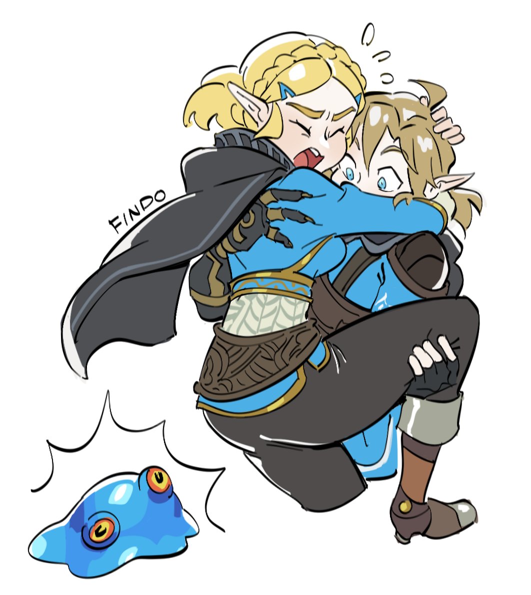 >_<, 1boy, 1girl, ahoge, armor, arms_around_neck, asymmetrical_clothes, blonde_hair, blue_eyes, blue_tunic, boots, braid, breasts, brown_footwear, brown_pants, bulging_eyes, cape, champion's_tunic_(zelda), chuchu_(the_legend_of_zelda), cloak, closed_eyes, colored_sclera, crown_braid, findoworld, flying_sweatdrops, grey_cape, grey_cloak, hair_ornament, hairclip, hand_on_another's_leg, hood, hooded_cape, hooded_cloak, hug, leather, leather_armor, leather_boots, leg_grab, leg_up, lifting_person, link, long_sleeves, medium_breasts, open_mouth, pants, pointy_ears, princess_zelda, scared, short_hair, short_ponytail, slime_(creature), the_legend_of_zelda, the_legend_of_zelda:_breath_of_the_wild, the_legend_of_zelda:_tears_of_the_kingdom, thick_eyebrows, yellow_sclera