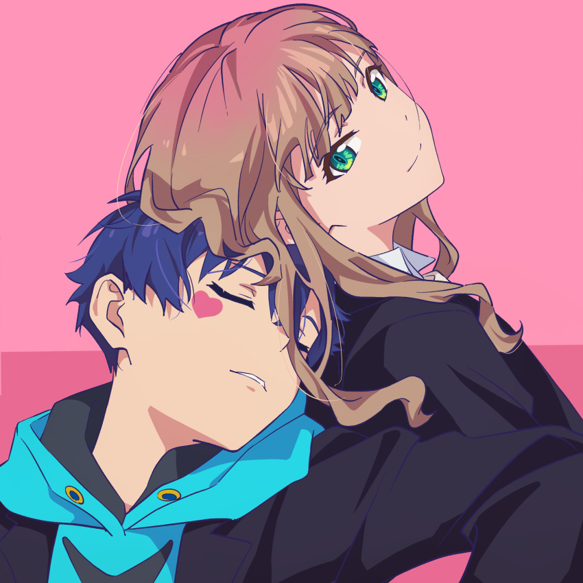 1boy, 1girl, asanaka_yomogi, black_jacket, blue_hoodie, brown_hair, closed_eyes, collared_shirt, couple, green_eyes, gridman_universe, hair_between_eyes, head_rest, heart, hetero, highres, hood, hoodie, jacket, long_hair, minami_yume, oreki_(o_reki_), pink_background, pink_heart, shirt, smile, ssss.dynazenon, two-tone_background, white_shirt