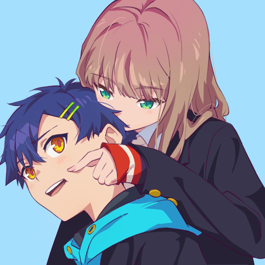 1boy, 1girl, aqua_background, asanaka_yomogi, black_jacket, blue_hair, blue_hoodie, blush, collared_shirt, couple, fingers_on_another's_face, green_eyes, gridman_universe, hair_between_eyes, hair_ornament, hairpin, head_rest, hetero, highres, hood, hoodie, jacket, layered_clothes, long_hair, long_sleeves, minami_yume, oreki_(o_reki_), shirt, short_hair, simple_background, sleeves_past_wrists, ssss.dynazenon, white_shirt, yellow_eyes