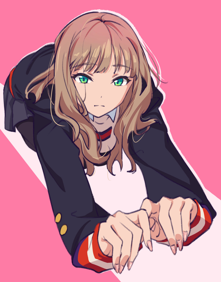 1girl, black_jacket, black_pantyhose, brown_hair, collared_shirt, green_eyes, grey_skirt, gridman_universe