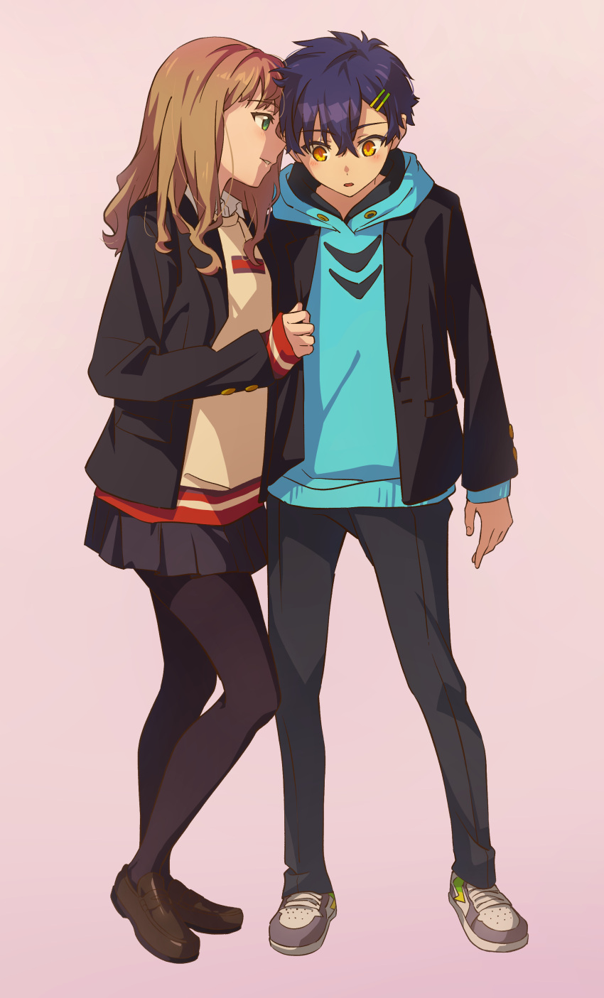 1boy, 1girl, absurdres, asanaka_yomogi, black_jacket, black_pants, black_pantyhose, blue_hair