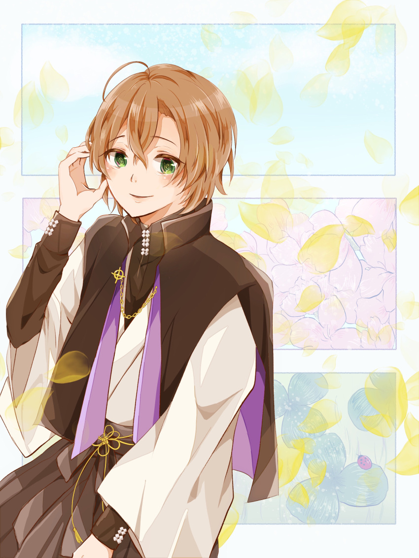 1boy, ahoge, black_cape, black_shirt, blue_flower, cape, celtic_cross, chain