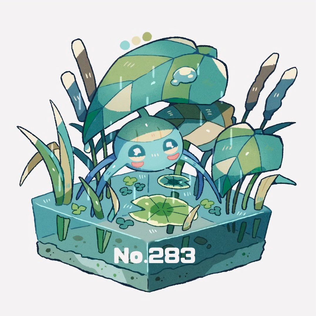 algae, blue_eyes, cattail, color_guide, commentary_request, faux_figurine, leaf, lily_pad