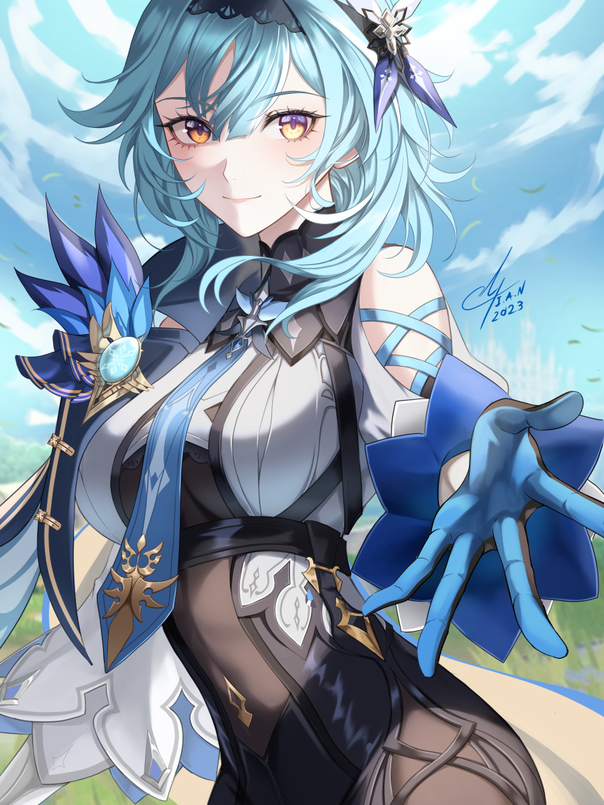 1girl, absurdres, black_headband, black_leotard, blue_hair, clothing_cutout, eula_(genshin_impact), genshin_impact