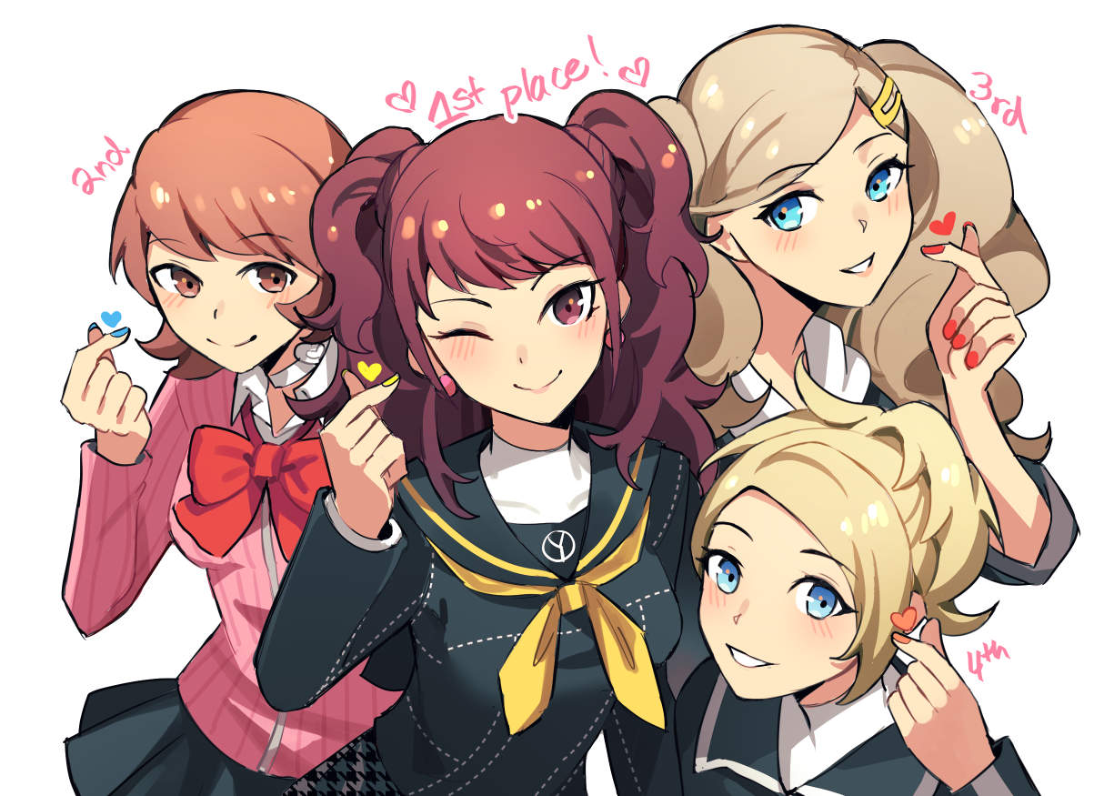 4girls, ascot, black_shirt, blonde_hair, blue_eyes, blue_nails, blush, bow