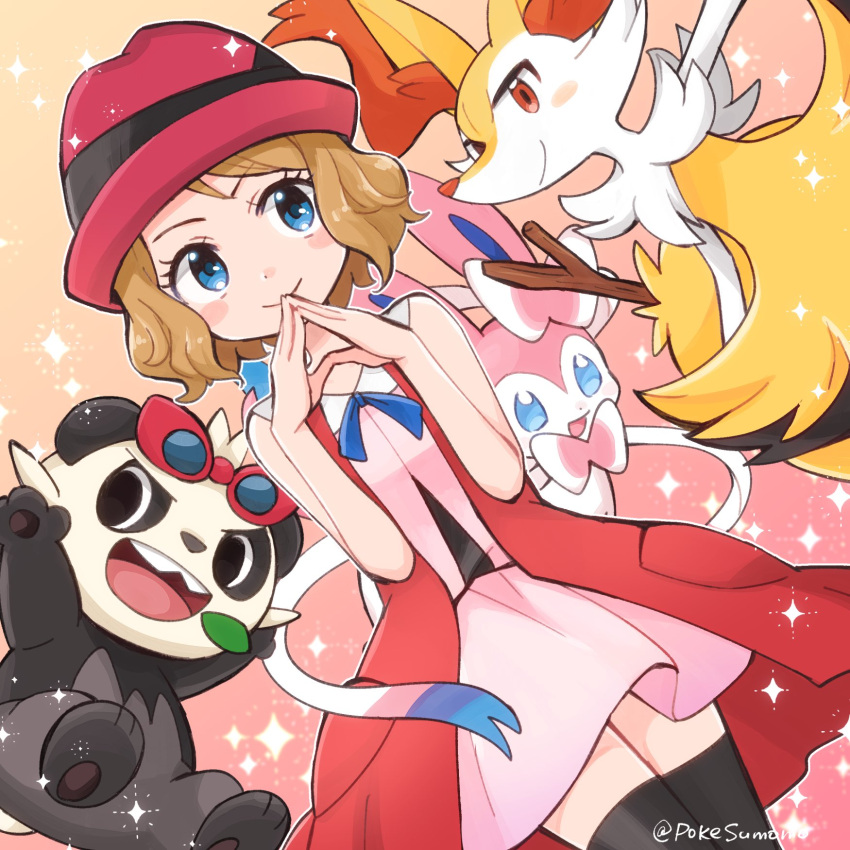 1girl, black_thighhighs, blonde_hair, blue_eyes, blue_ribbon, blush_stickers, braixen, closed_mouth